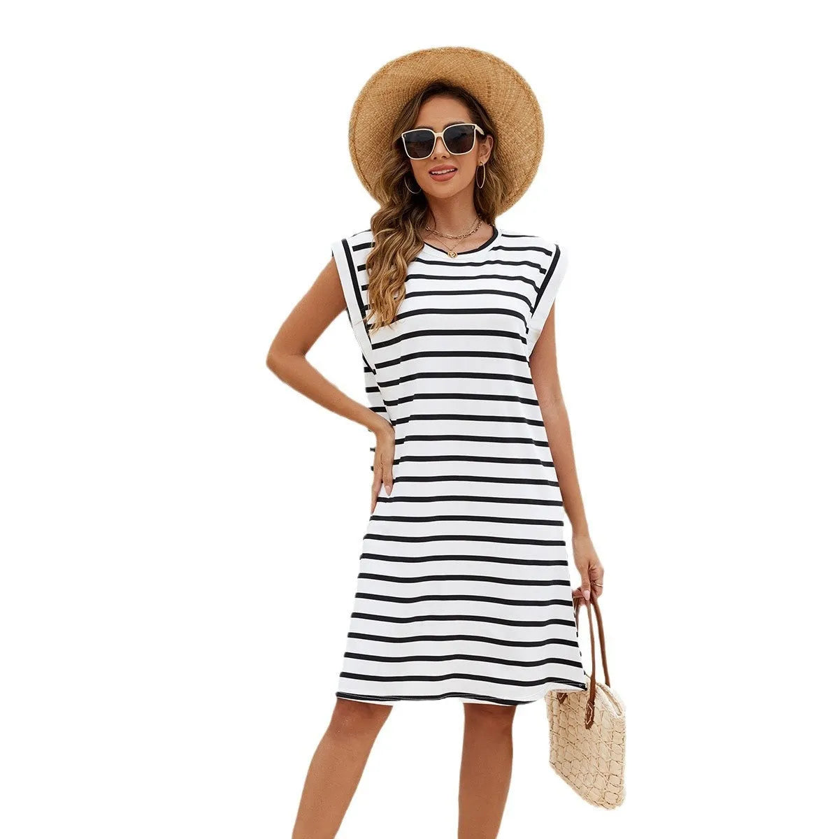 Women's black and white striped beach cover-up blouse with long sleeves on mannequin
