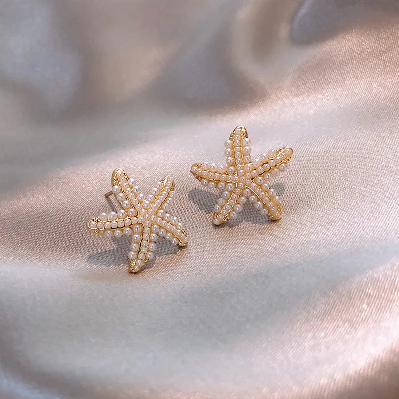 Korean style pineapple and starfish pearl earrings for women in electroplated alloy with four colour options