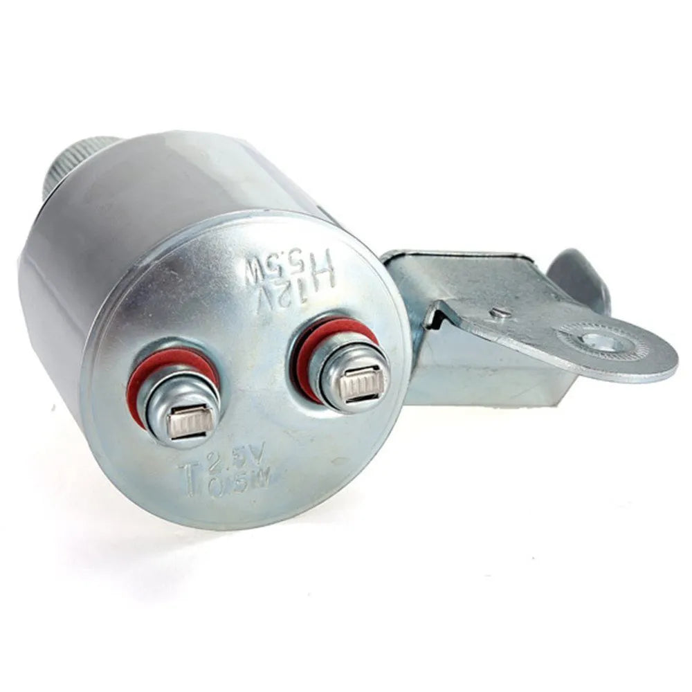 Silver bicycle dynamo light kit with generator head for friction drive mounting on bicycle frame