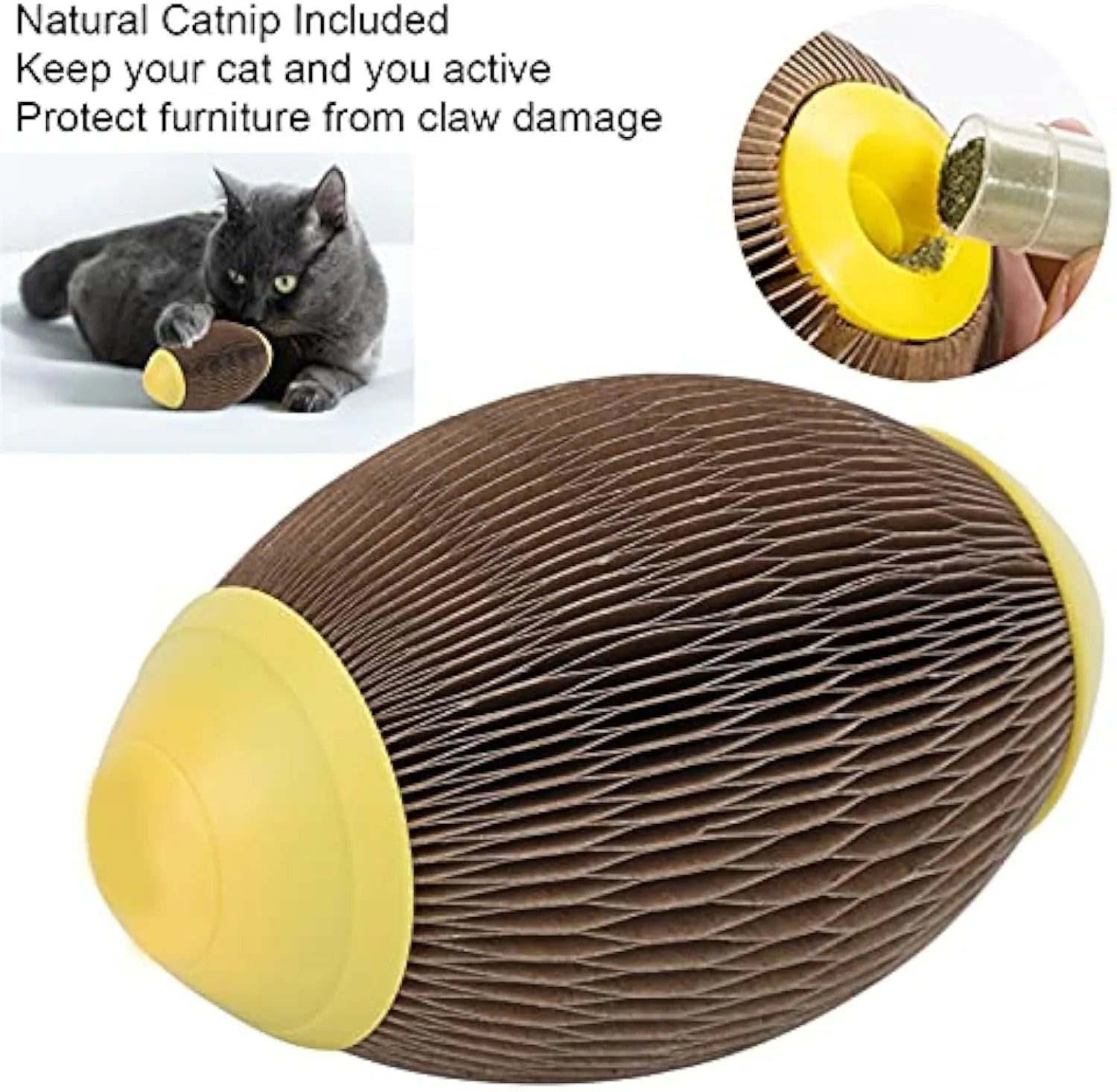 Ellipse‑shaped corrugated paper catnip football toy for cats with scratch surface