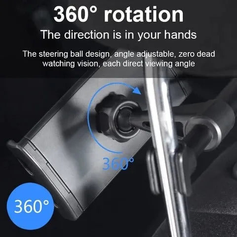 Black universal car phone holder with rear seat base mounting for tablets and phones
