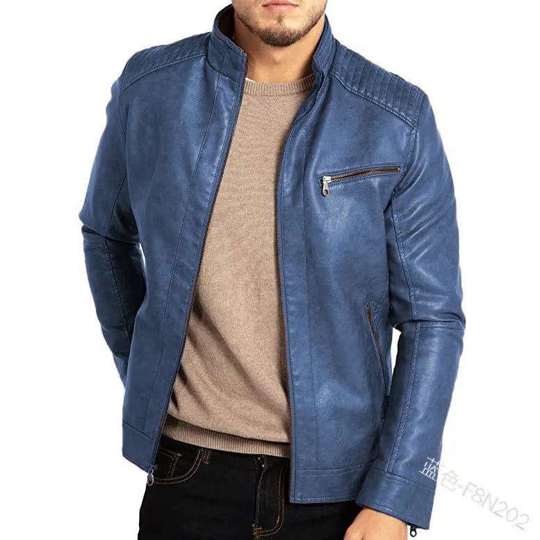 Men's brown artificial leather punk style motorcycle jacket with stand collar and patch pocket