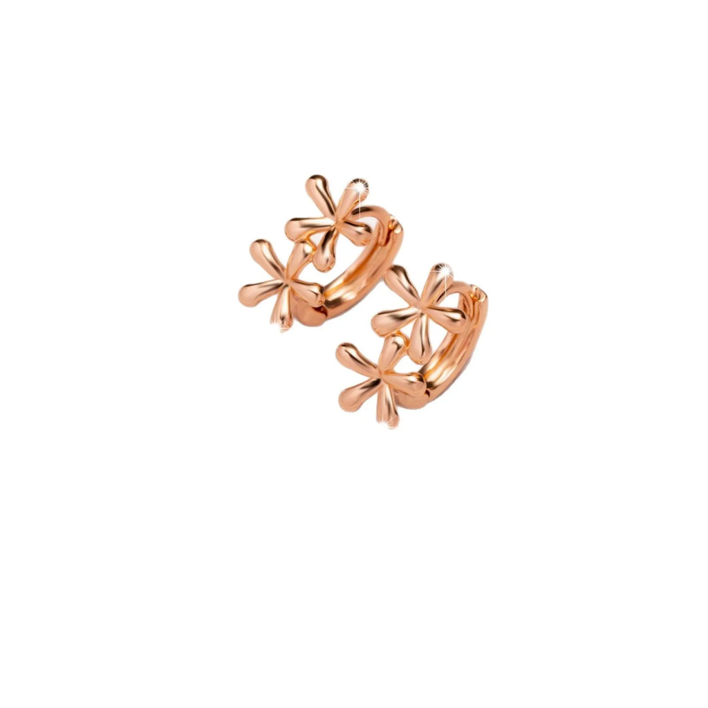 Rose gold coloured circular stud earrings with a detailed waterdrop floral design.