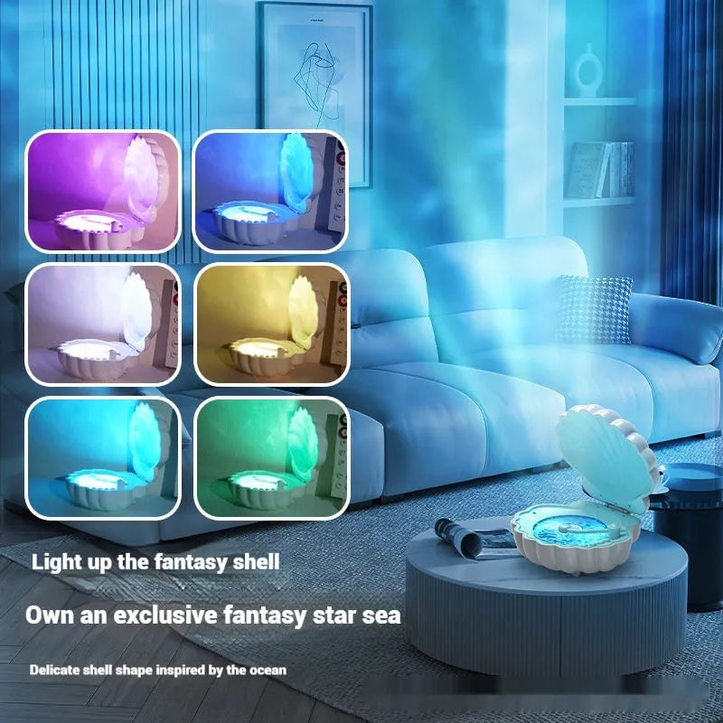 Retro vinyl record player styled shell lamp with integrated speaker and LED lighting in blue.