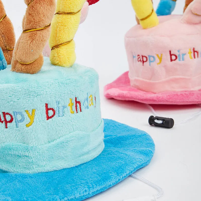 Blue and pink dog birthday hats for toy dog celebrations, showing 21cm wide decorative accessory
