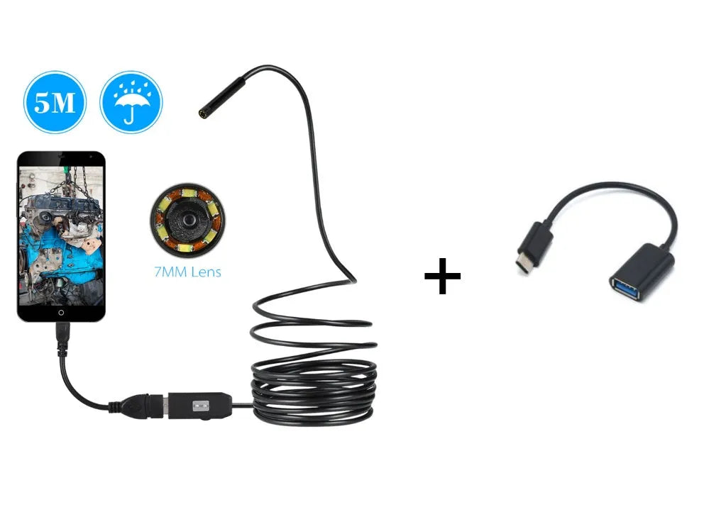 OWSOO USB endoscope camera with 7mm lens, 5m cable, magnet, hook and side audition tools on a white background.
