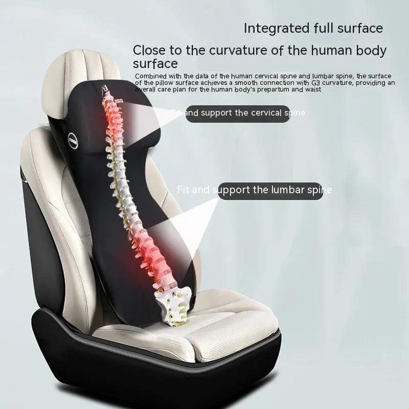 Black automotive memory foam cushion and lumbar support pillow set on a car seat.