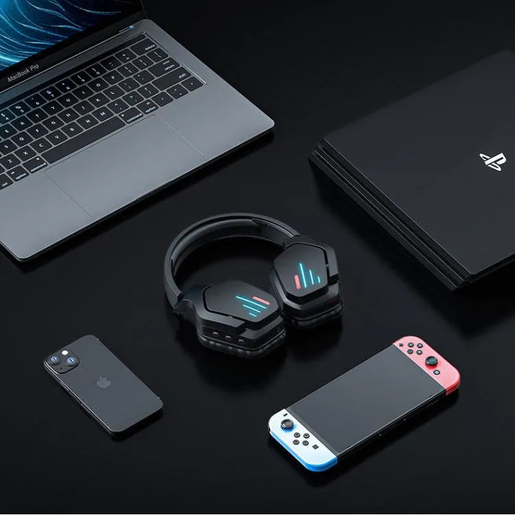 Luminous black wireless gaming headphones with adjustable headband and ear cups