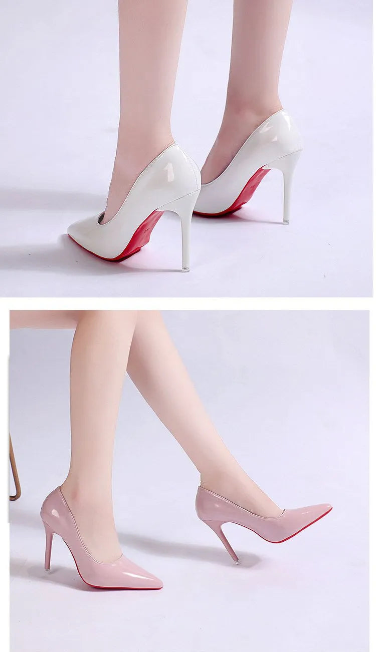 Women's black stiletto heel pointed toe pumps with a shallow mouth on a white background.