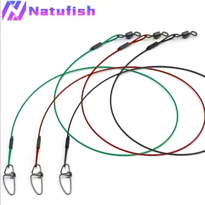 54cm steel wire fishing leaders with double buckle pin in black, green, and red colours