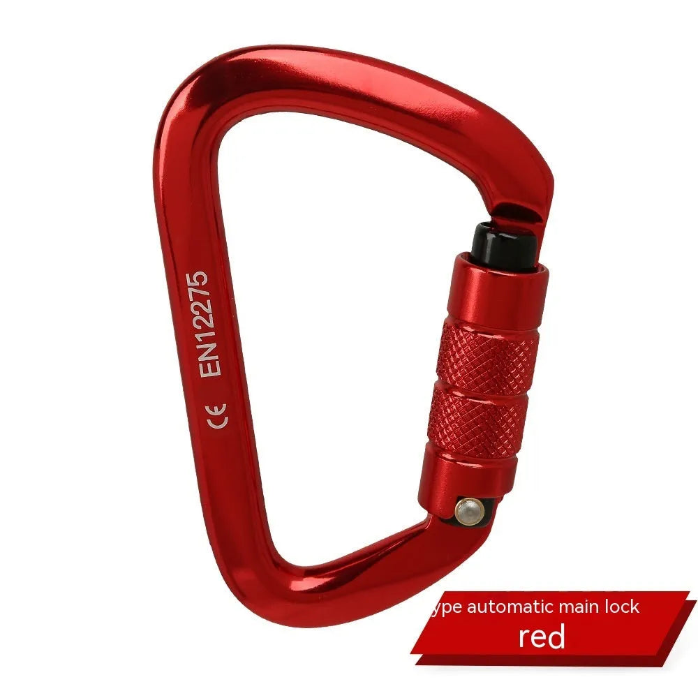 D-type metal climbing safety lock with a choice of automatic or threaded gate, shown in multiple colours.