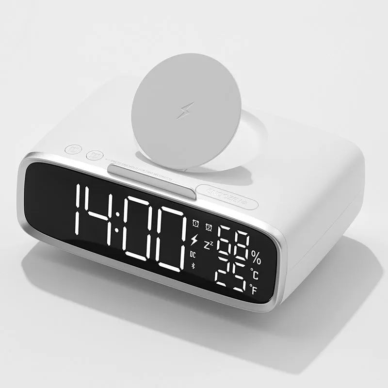 White wireless charger with Bluetooth speaker and night lamp functions showing Qi charging surface