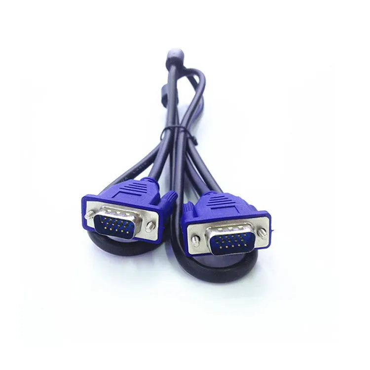 Black VGA cable with blue moulded connectors, 1.5 metres long for monitor and TV connections