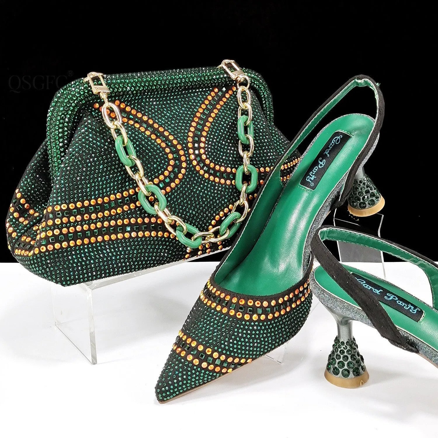 Women's pointed toe high heel shoes with matching bag, featuring rhinestone details and a wine glass heel.