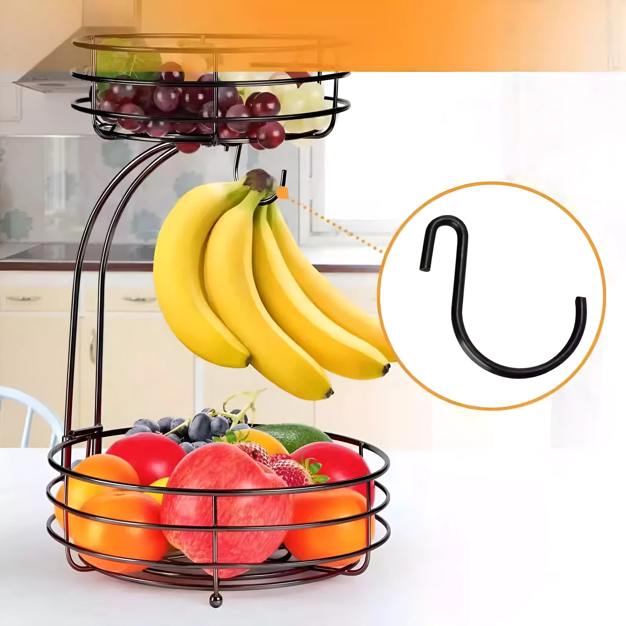 Black and gold double-layer wrought iron storage basket for fruits and vegetables