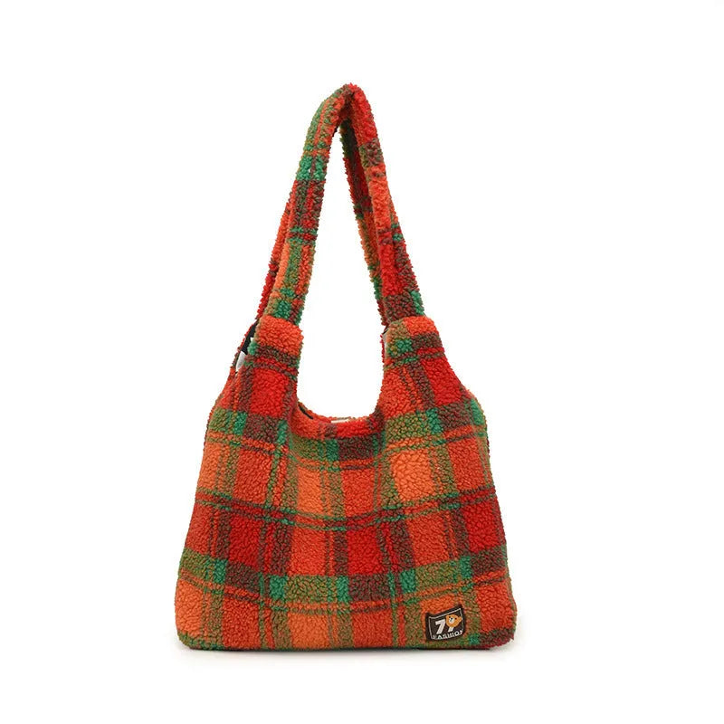 Women's soft plush plaid crossbody tote bag showing large capacity and zipper pocket in horizontal square design.