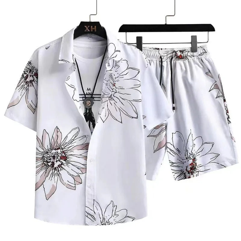 Man wearing a digital print short sleeve shirt and matching shorts from the casual suit set.