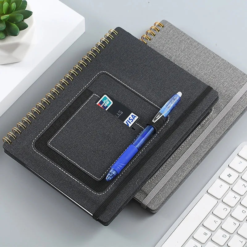 A5 erasable coil notebook with stone paper, open to show reusable pages and included pen, with custom cover options displayed.