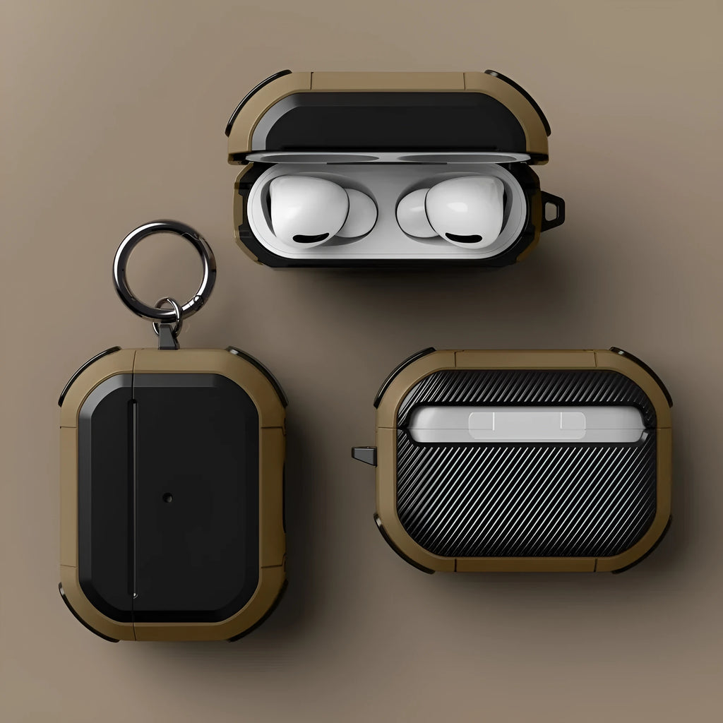 Black TPU and PC protective shell case fitted on a white Apple AirPods Pro charging case.