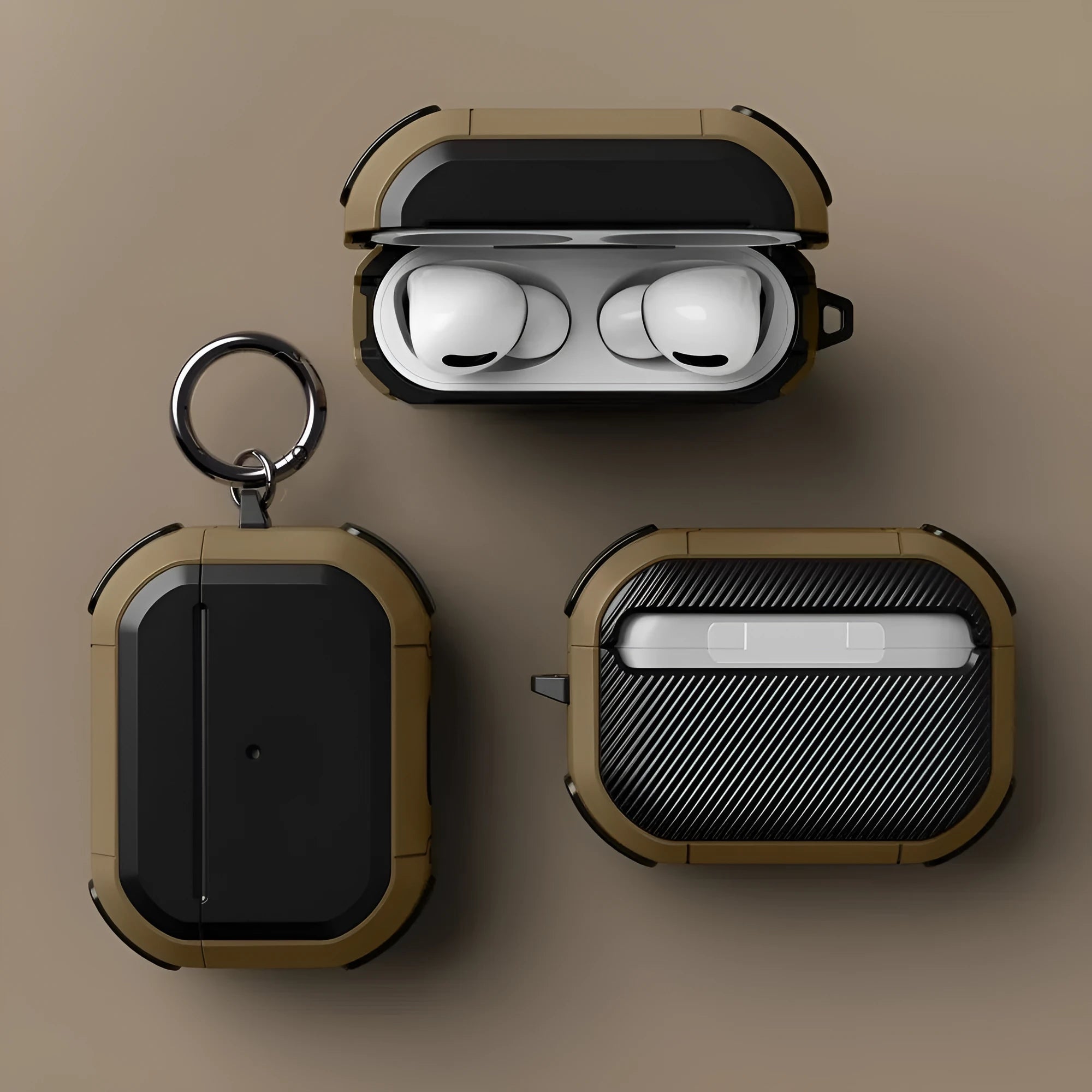 Black TPU and PC protective shell case fitted on a white Apple AirPods Pro charging case.