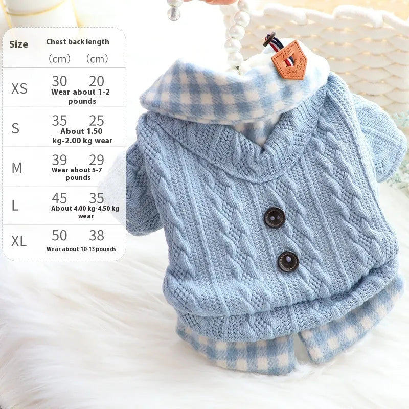 Blue and pink wool plaid dog sweater with two-piece fleece-lined design for pet warmth
