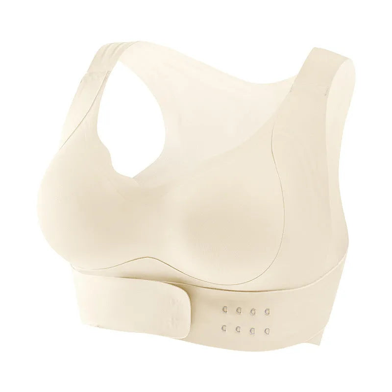 Women's front buckle sports bra with double shoulder straps in black, white and nude colours