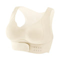 Women's front buckle sports bra with double shoulder straps in black, white and nude colours