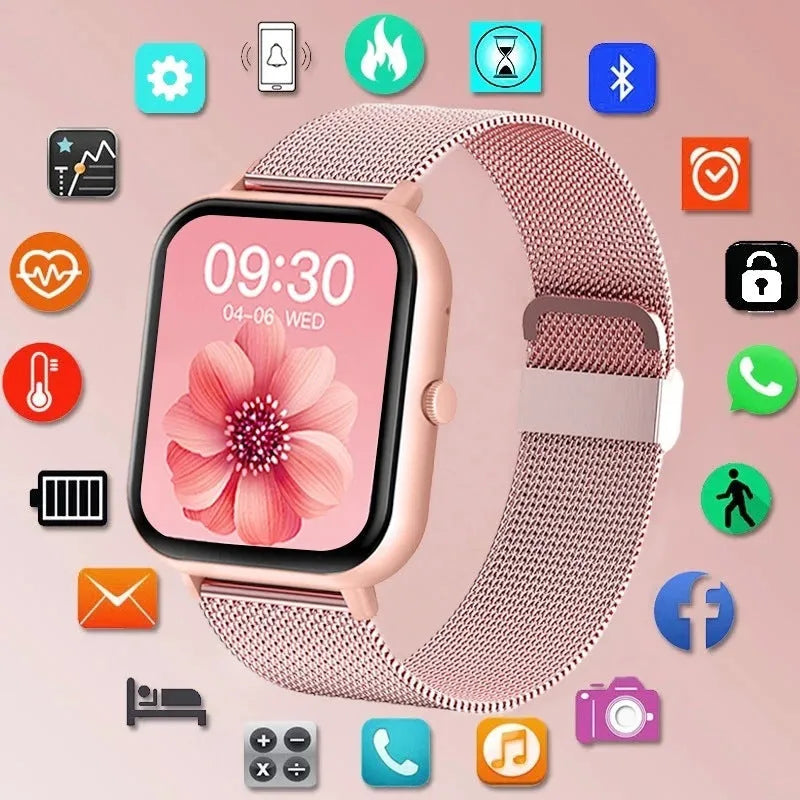 Smart watch with AMOLED screen showing health metrics including heart rate and blood oxygen levels