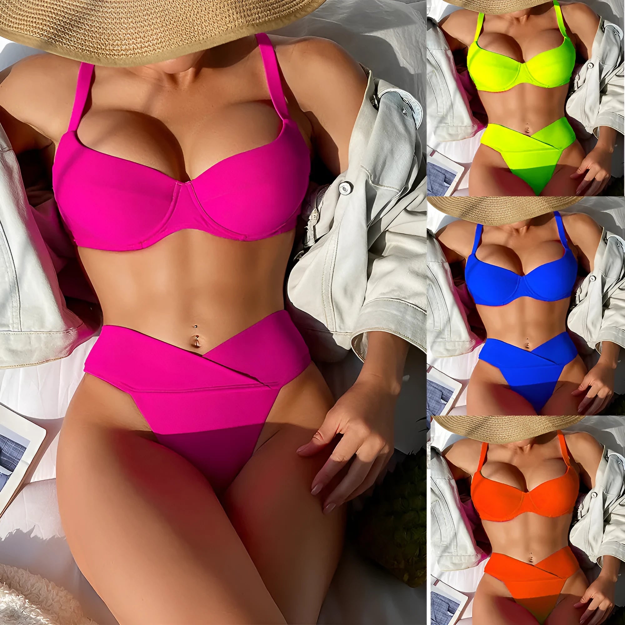Solid colour bikini swimsuit in briefs style on a mannequin, showing separate bra and panties.