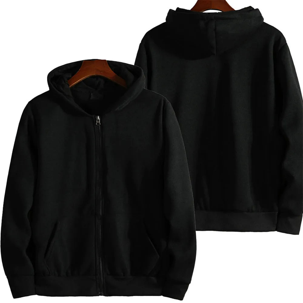 Men's loose fit zip-front sports jacket in a solid colour, shown on a hanger.