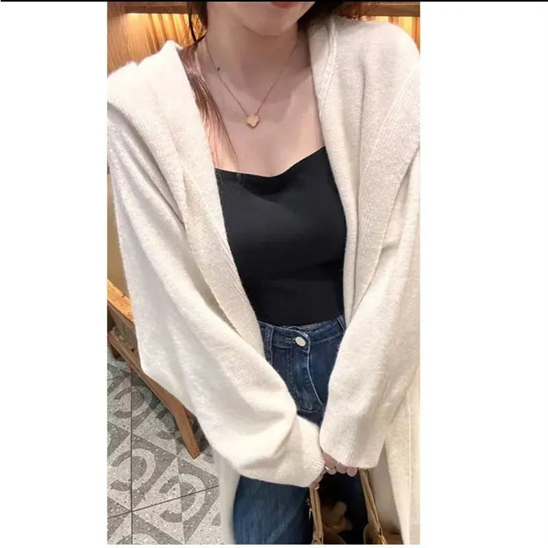 Women's longline knitted hooded cardigan in brown, loose fit Korean casual style.