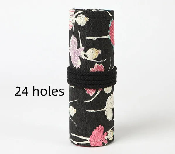 Canvas pencil case roll with ballet girl print, shown unrolled to display multiple pencil pockets.