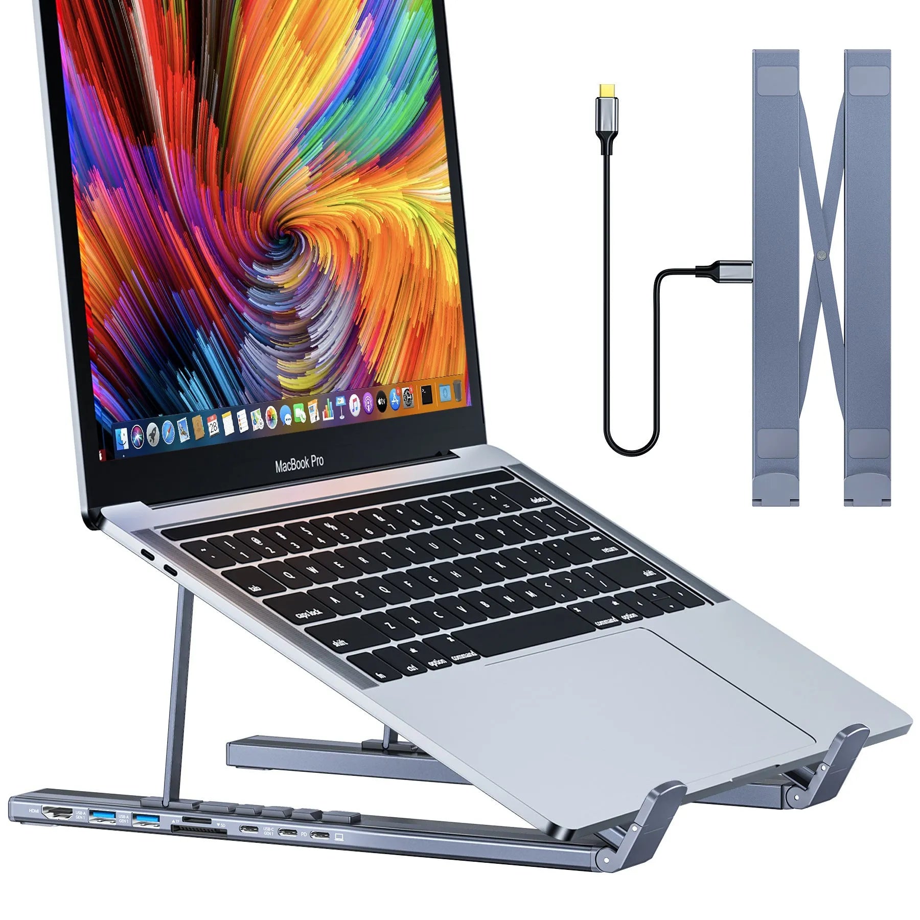 Aluminium alloy folding laptop docking station stand with multiple interface ports