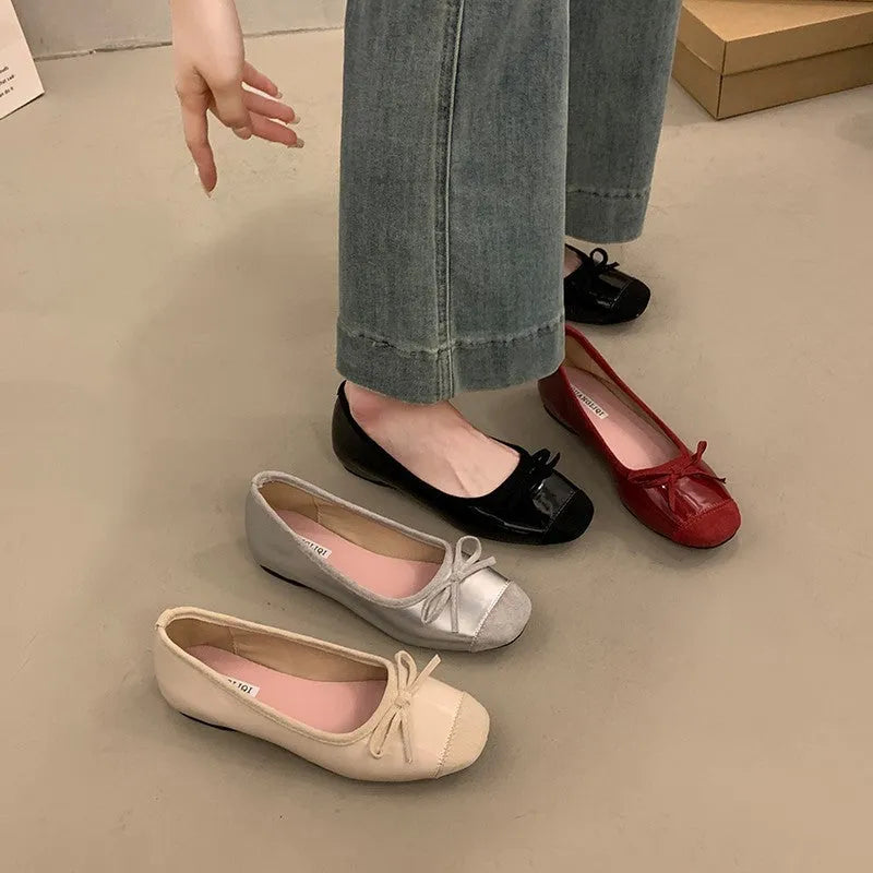 Retro ballet-inspired Mary Jane shoes with square toe, bow detail, and a mid heel, shown in apricot colour.