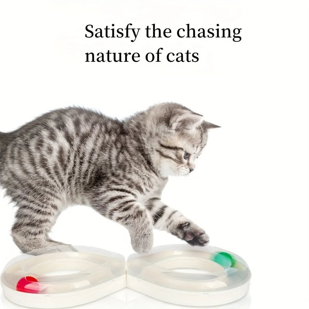 Blue and white cat toy turntable track with ball and teasing stick measuring 50cm length