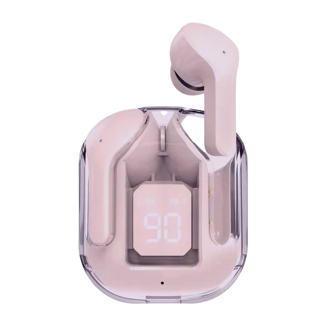 Transparent space capsule case true wireless Bluetooth headset in black, white, light blue, green, or peach colours