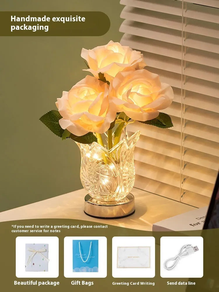 Modern Crystal Flowers rechargeable touch-control dimmable bedside table lamp with USB cable.