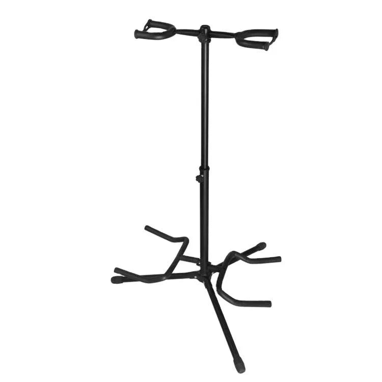 Black vertical double-headed adjustable iron guitar stand on a tripod base.