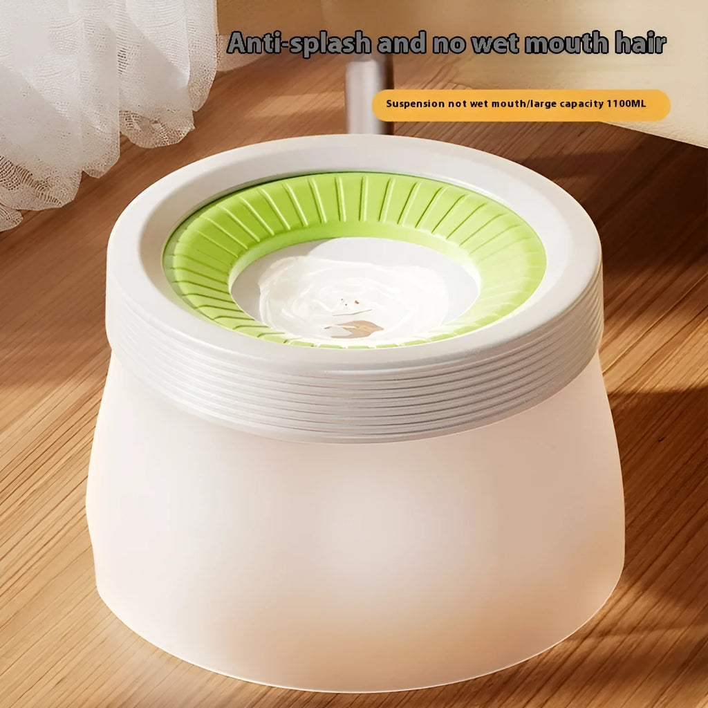 Green raised pet suspension bowl for dogs and cats on a white plate.