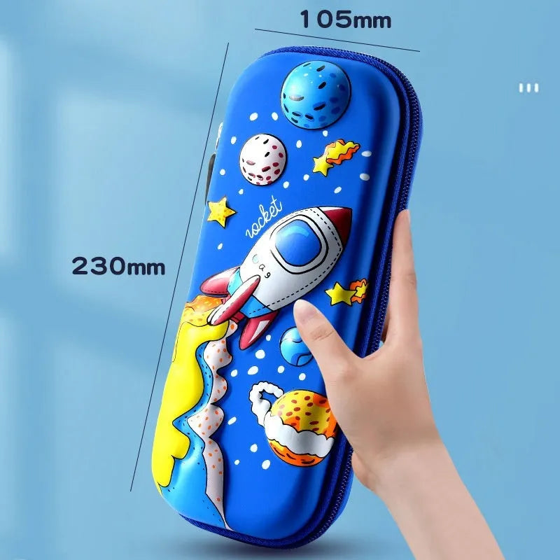 3D leather pencil case with colourful astronaut and spaceship design on a blue background