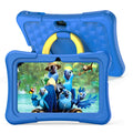 Pink and blue children's educational tablet with silicone protective cover and a rotating handle bracket attached.