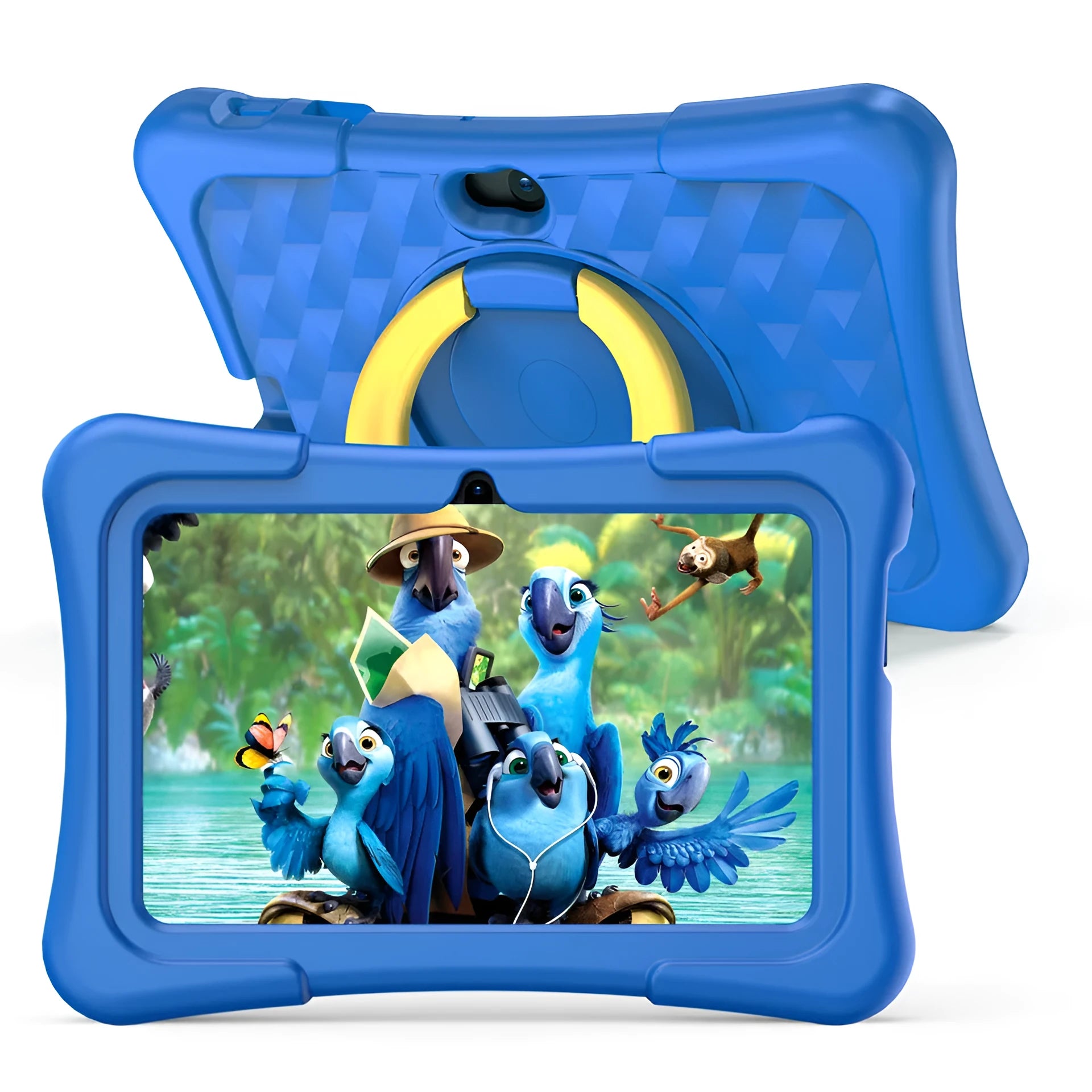 Pink and blue children's educational tablet with silicone protective cover and a rotating handle bracket attached.