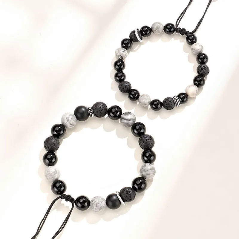 Black agate map stone volcanic bracelet showing diamond shape design and electroplated finish