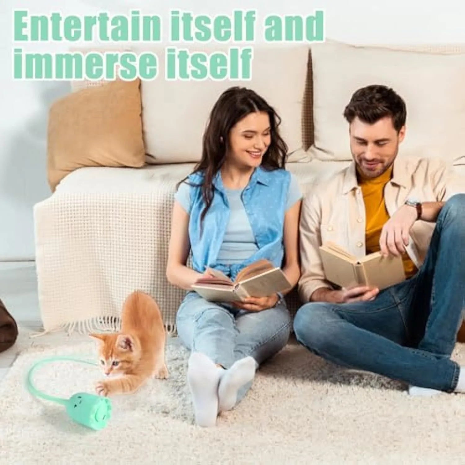 Electronic cat wand toy with swinging silicone tail for indoor cat play