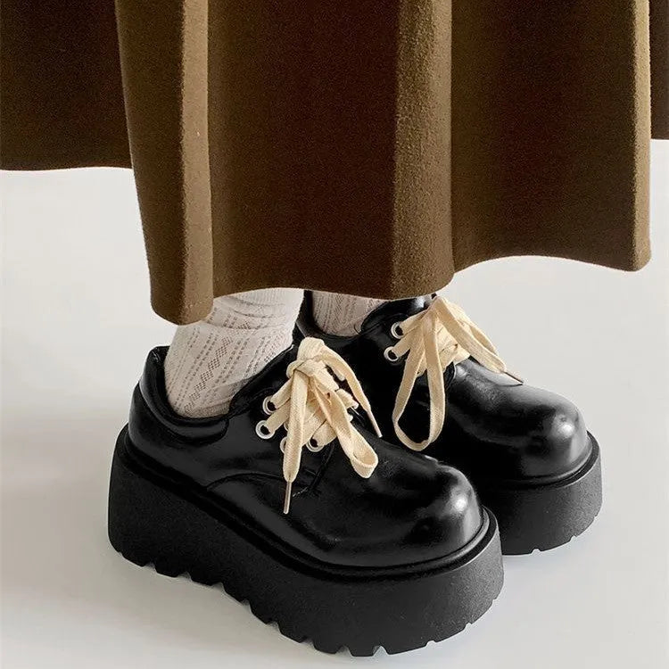 Women's matte black retro lace-up shoes with thick sole and 6-8cm heel