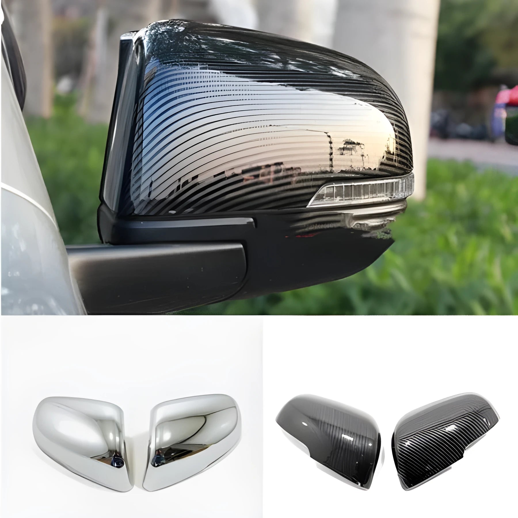 Plastic rearview mirror protection covers in silver and black finishes for car exterior styling