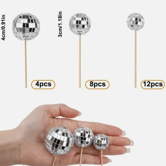 Glass disco ball cake decoration on wooden stick in various sizes from 2.5cm to 5cm diameter