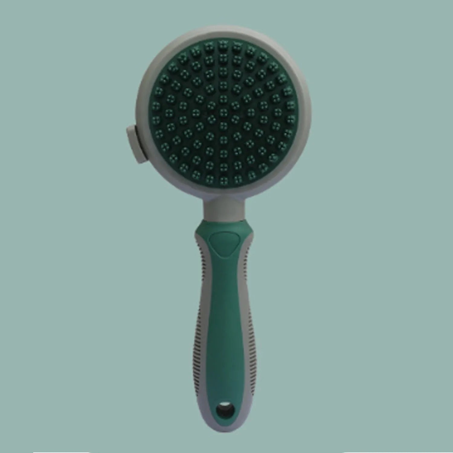 Double-sided pink cat brush with release button and separate flea comb for pet grooming