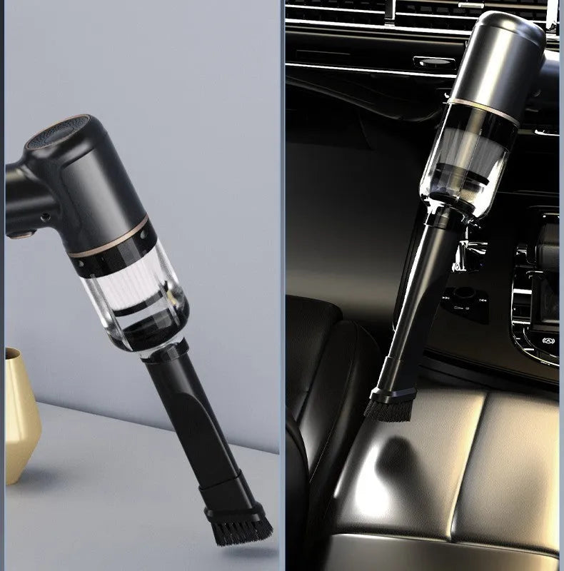 Black wireless car vacuum cleaner and inflator with multiple nozzle attachments
