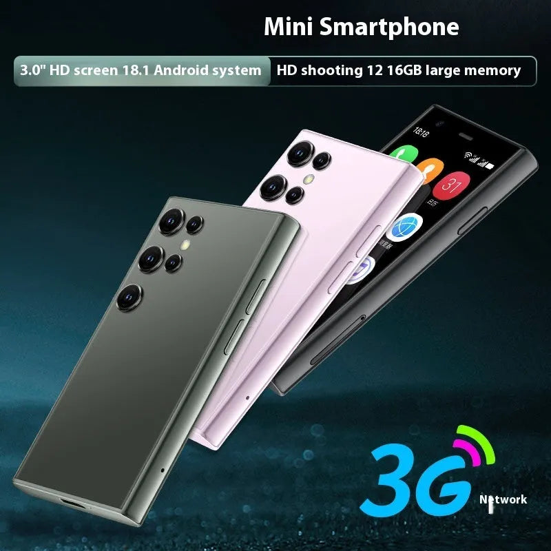 S23PRO XS15 mini smartphone in black, green, or pink purple with a 3-inch screen on a straight plate design.